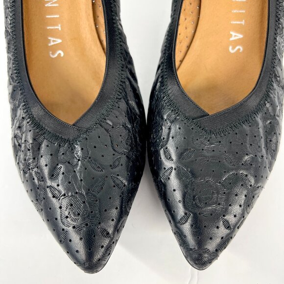 Sz 39 Hispanitas Black Floral Texture Elastic Pointed Toe Pump Heels - Picture 4 of 13